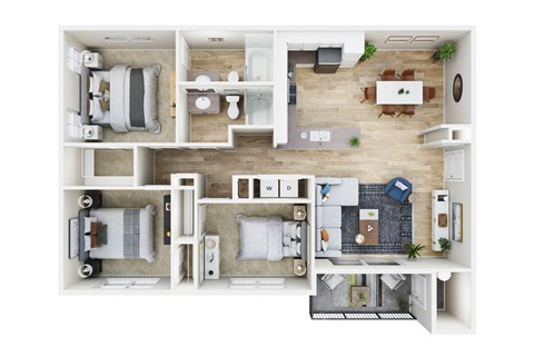 Floor plan for 3 beds, 2 baths, 1201 sqft